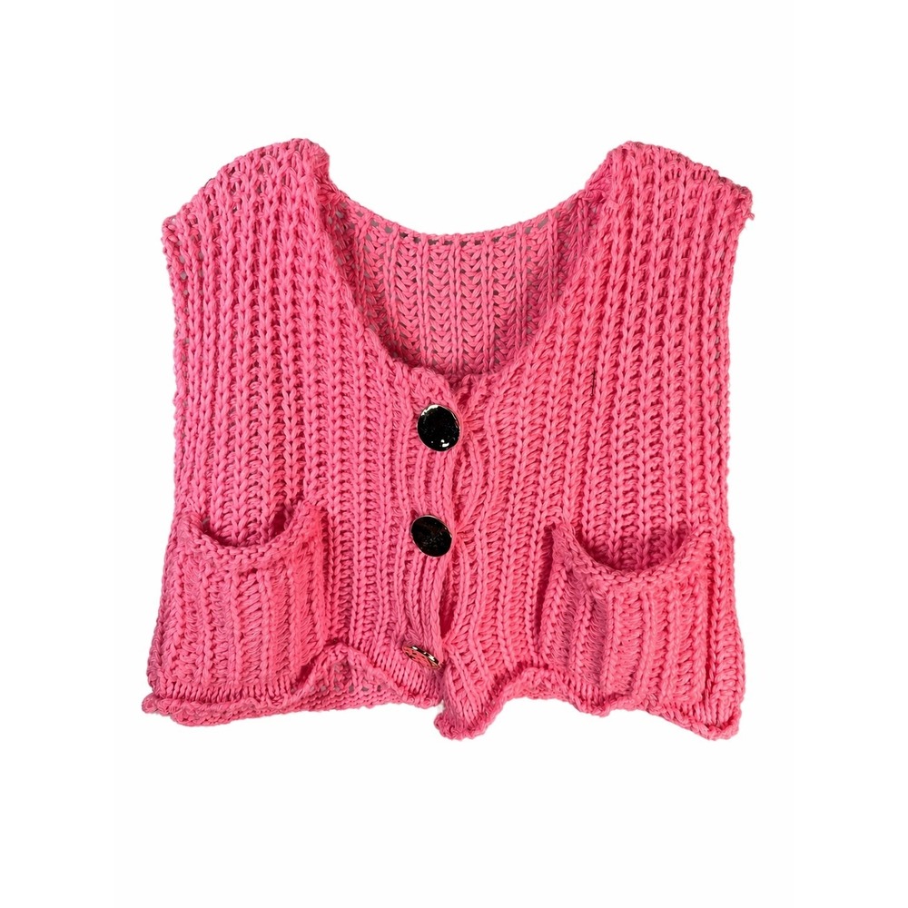 Women's Chunky Knit Cropped Sweater Vest Pink Gold Button Pocket Size Large